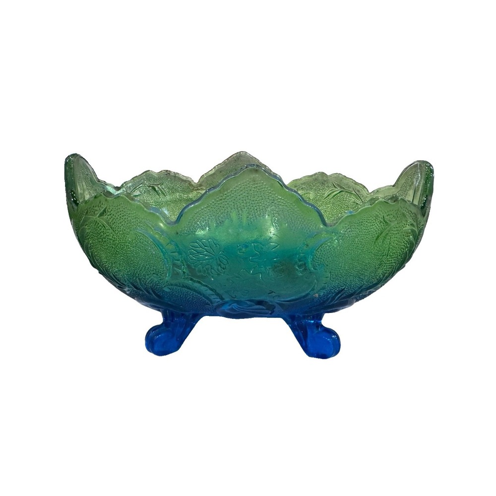 Vintage Jeannette Glass Lombardi Blue Green Ombre Footed Fruit Bowl 10”